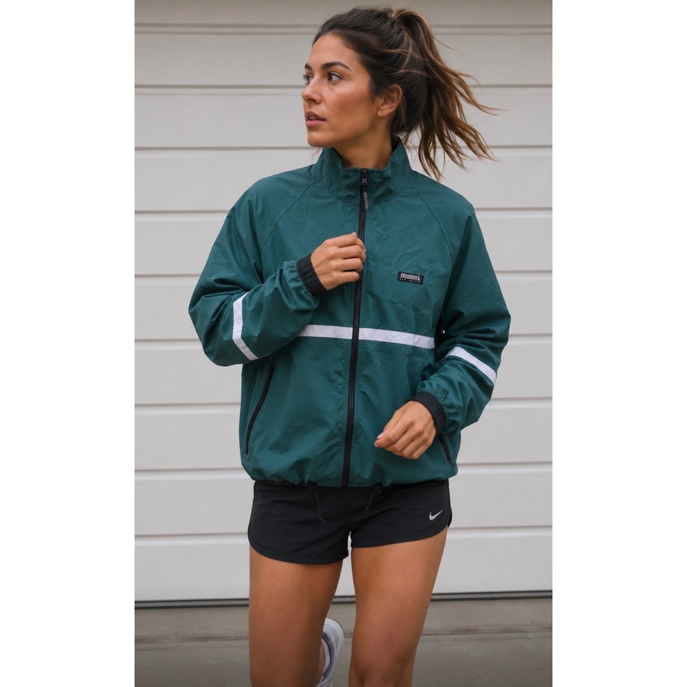 Vintage Running Room Womens Teal Reflective Windbreaker Jacket Made in USA Small